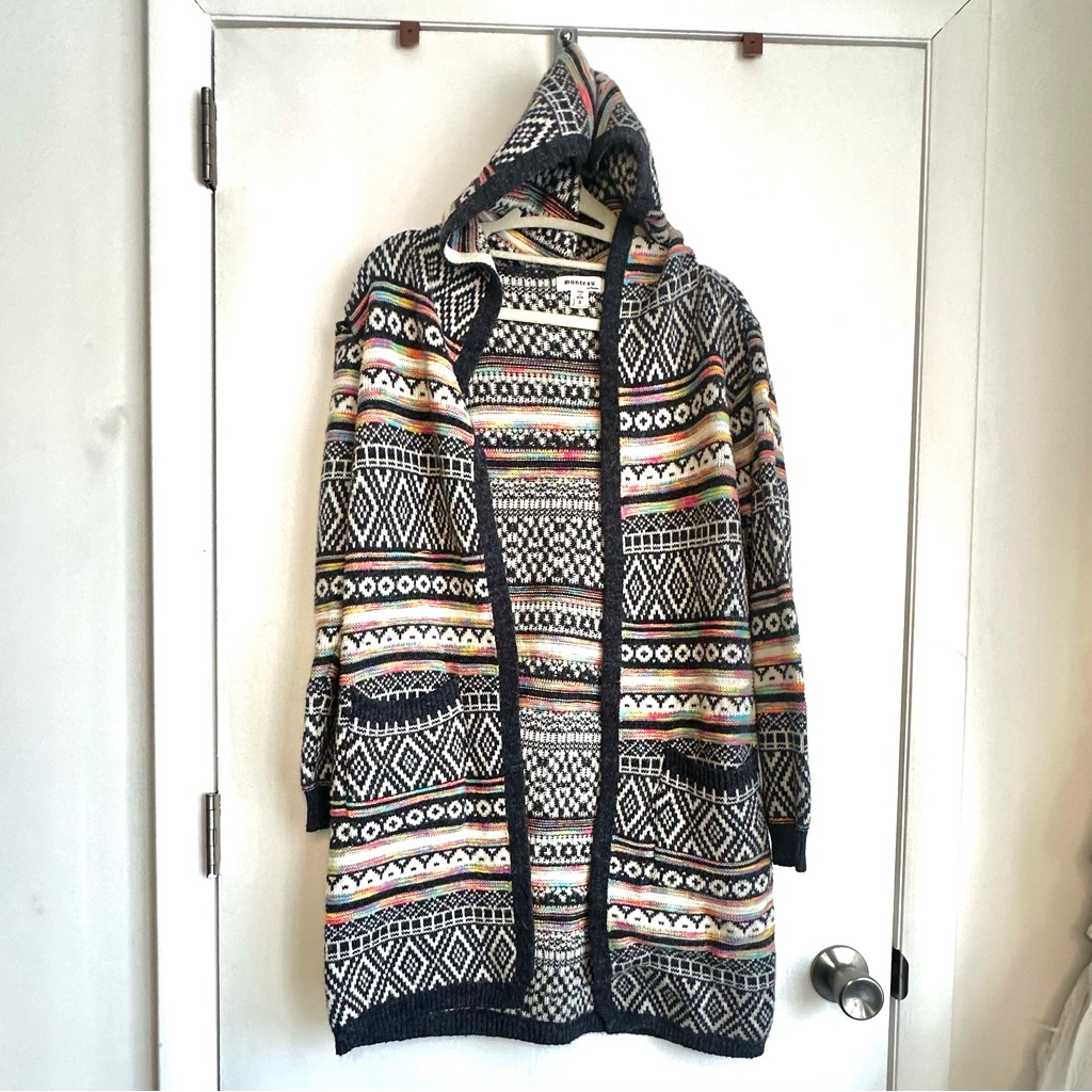 Monteau Aztec Hooded Long Duster Cardigan Sweater